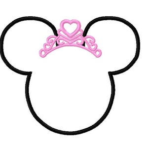 May include: Black outline of a mouse head with a pink tiara on top. The tiara has a heart-shaped center.