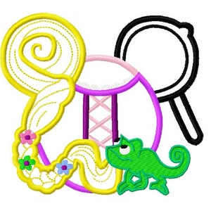 Character Inspired Mouse Princess Rapunzel Long Hair Detailed with Frying Pan Ear Embroidery Applique Design