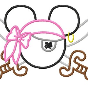 May include: A pink and black embroidered design of a pirate mouse with an eye patch and a pink bow. The mouse is wearing a pink bandana and has crossed swords behind it.