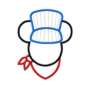 May include: A black and white cartoon chef with a blue and white striped hat and a red bandana.