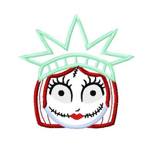 May include: A red-haired character with stitched-up eyes and mouth wearing a green Statue of Liberty crown.