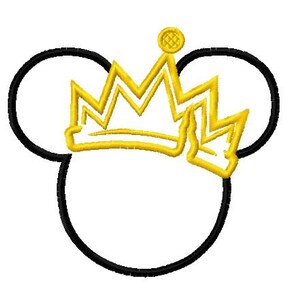 May include: Black and yellow outline of a crown on top of a black outline of Mickey Mouse ears.