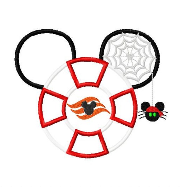 Character Inspired Mouse Cruise Logo Life Ring with Pirate spider web ear Embroidery Applique Intant Download Digital Design