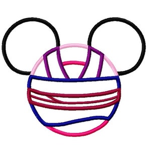 May include: A pink, purple, blue, and maroon Mickey Mouse head design with black ears.