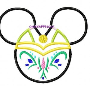 May include: Black and white Mickey Mouse ears with a green, yellow, and blue floral design in the center. The design includes a crown with a yellow gem in the center.