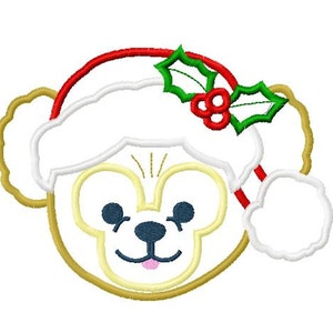May include: A cartoon bear wearing a white Santa hat with red trim and a green holly sprig. The bear has brown ears, a brown nose, and black eyes.