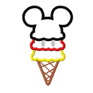 May include: A three-scoop ice cream cone with Mickey Mouse ears on top. The ice cream is yellow, red, and white. The cone is brown with a waffle pattern.