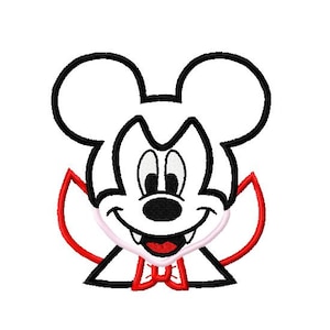 May include: A black and white cartoon illustration of Mickey Mouse dressed as a vampire. He has a red cape and fangs.