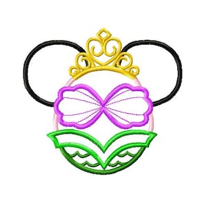 May include: A purple seashell design with a green mermaid tail and a gold crown on top of black mouse ears.
