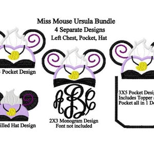 May include: An image featuring four embroidery designs inspired by Ursula from The Little Mermaid. Designs include a 2x3 pocket design, a 2x3 filled hat design, a 2x3 monogram design, and a 3x5 pocket design. Text reads "Miss Mouse Ursula Bundle".