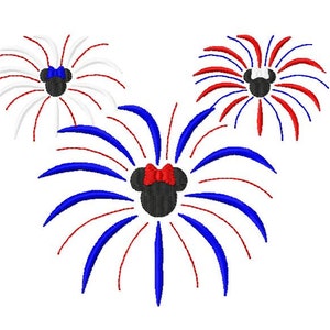 May include: Three red, white and blue fireworks with a black silhouette of Mickey Mouse's head with a red bow in the centre of each firework.