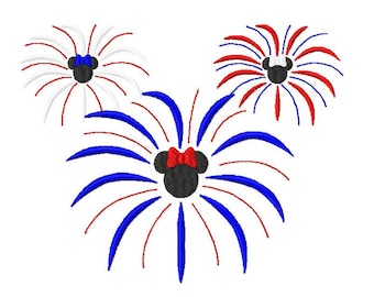 Può includere: Tre fuochi d'artificio rosso, bianco e blu con una silhouette nera della testa di Topolino con un fiocco rosso al centro di ogni fuoco d'artificio.