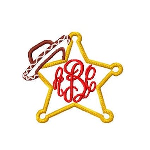 May include: A yellow five-pointed star with a red monogram in the center. A brown cowboy hat with white trim is on top of the star.
