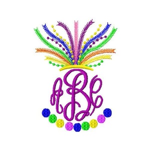 May include: Purple monogram "AB" with a colorful Mardi Gras style feather crown and a string of beads in green, yellow, purple, and blue.