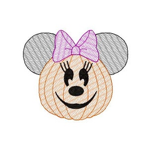 May include: A pumpkin with a smiling face, wearing a pink bow and black mouse ears. The pumpkin is orange with a textured surface.