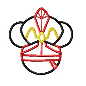May include: A black and red Mickey Mouse-shaped crown with a gold band and a yellow feather on top.