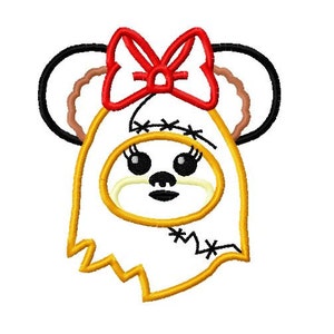 Pode incluir: Design bordado com um personagem de desenho animado com rosto branco, contorno amarelo e olhos pretos. O personagem tem um laço vermelho e orelhas pretas do Mickey Mouse. Adequado para um patch ou aplicação.