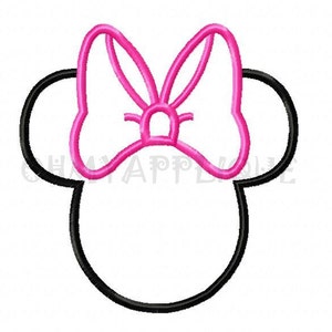 May include: A black outline of a cartoon mouse head with large ears and a pink bow on top.