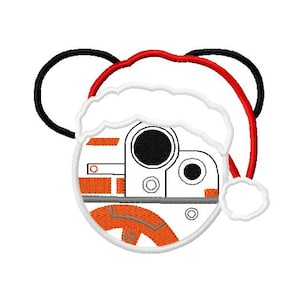 May include: A white and orange robot wearing a red and white Santa hat with black Mickey Mouse ears.