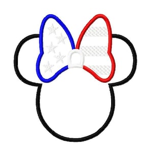 May include: Black and white outline of Mickey Mouse ears with a red, white and blue bow. The bow is decorated with stars and stripes.