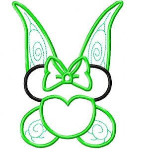 May include: A green and black embroidered design featuring a bow, heart, and ear-like shapes. The design has a whimsical, cartoonish style with detailed stitching and a playful aesthetic. The design is suitable for embroidery projects.