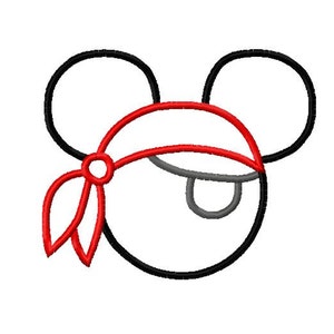 Może przedstawiać: Czarno-biały zarys kreskówkowej myszy z dużymi uszami, noszącej czerwoną chustkę i opaskę na oko.