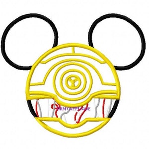 May include: Black Mickey Mouse ears with a yellow and white design in the center that resembles a Star Wars character, R2-D2.