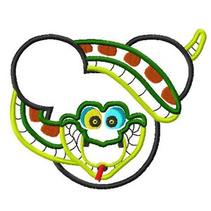 Puede incluir: Serpiente verde, amarilla y naranja con una cara de dibujos animados, que lleva un sombrero verde y marrón con lunares naranjas. La cara de la serpiente está dentro de un contorno negro de orejas de Mickey Mouse.