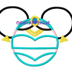 May include: A blue and yellow embroidery design of a princess with a crown and a pair of mouse ears. The design is perfect for creating a personalized embroidery project.