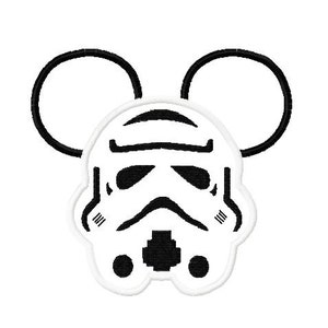 May include: Black and white illustration of a Stormtrooper helmet with Mickey Mouse ears.