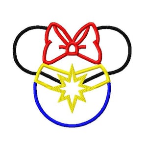 May include: A red bow with a black outline sits atop a white circle with a blue outline. The circle has a yellow star and a black and yellow stripe around it.