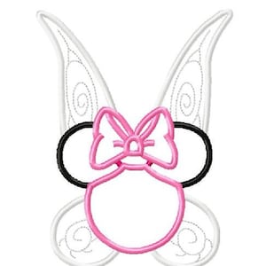 May include: A white fairy wing applique with a pink bow and black ears. The ears are round and have a white outline. The wings are detailed with swirls and have a white outline.
