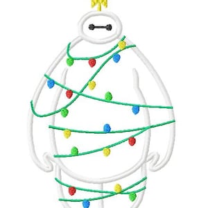 Pode incluir: Contorno branco de um personagem robô decorado com luzes de Natal verdes, vermelhas, azuis e amarelas. Uma estrela amarela fica no topo da cabeça do robô.