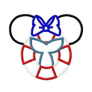 May include: A red, white, and blue life preserver with a blue bow and a blue whale tail. The life preserver is in the shape of a Mickey Mouse head.