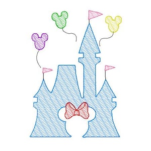May include: A blue castle with a red bow and four colorful Mickey Mouse balloons. The castle has a pointed roof and two towers. The balloons are tied to the castle with strings.