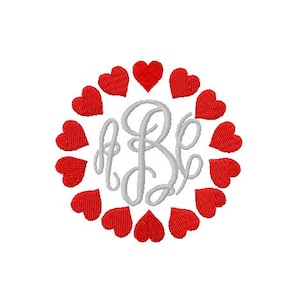 Puede incluir: Una letra "B" blanca en monograma rodeada de un círculo de corazones rojos.