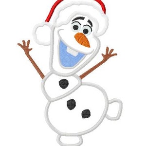 May include: A white snowman wearing a red and white Santa hat, with brown arms and black eyes. The snowman is smiling with a blue mouth.