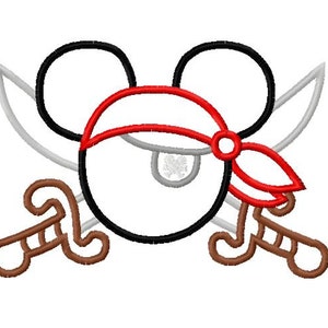 May include: Black and white outline of Mickey Mouse wearing a red bandana with crossed swords behind him.