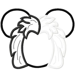May include: Black and white embroidery design of a stylized palm tree with Mickey Mouse ears.