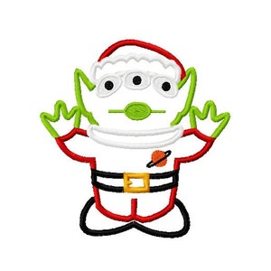 May include: A green alien wearing a red and white Santa hat and suit. The alien has three eyes and a green mouth. The suit has a black belt with a gold buckle and a red and white planet design on the chest.