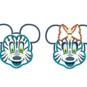 May include: Two embroidered Mickey Mouse and Minnie Mouse face designs. The faces have a white base with blue and teal accents, and yellow eyes. Minnie has a brown bow. The designs are on a white background.