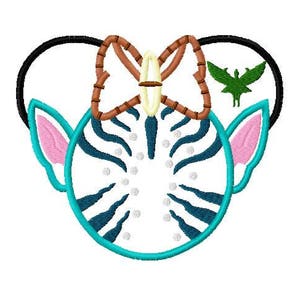 May include: An embroidered design of a blue and white striped character with pink ears, a brown bow with a yellow butterfly, and a green bird.