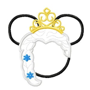 May include: Black mouse ears with a white and gold crown and a white braid with blue snowflakes on the side.