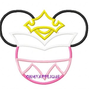 May include: A pink and white Mickey Mouse head with a yellow crown on top. The crown has a white outline. The Mickey Mouse head has black ears.