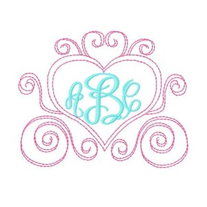 Red Work Bean Quick Stitch Monogram Initial Heart Frame Princess Carriage Embroidery Design Instant Download Digital File