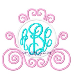 May include: A pink and white Cinderella carriage monogram design with a turquoise monogram in the center. The text "OHMYAPPLIQUE.COM COPYRIGHT" is at the bottom of the design.