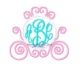 Monogram Initial Frame Princess Carriage Embroidery Applique Design Instant Download Digital File