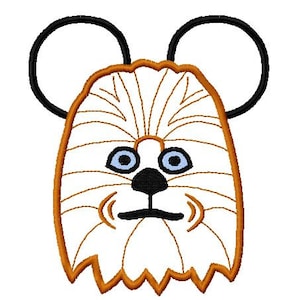 May include: A white Chewbacca character with brown fur and black ears. The character has blue eyes and a black nose. The ears are shaped like Mickey Mouse ears.