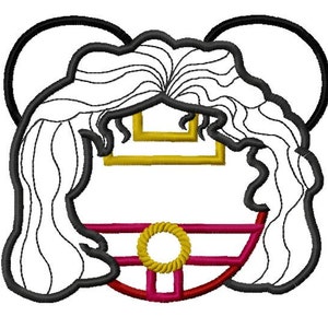 May include: Black and white line art illustration of a woman with long hair, wearing a gold crown and a red and gold circle around her head.