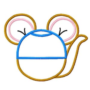 May include: A cartoon mouse head with large, round ears. The ears are outlined in gold, filled with pink, and have black eyelashes. The head is outlined in gold and has a blue band around the middle.